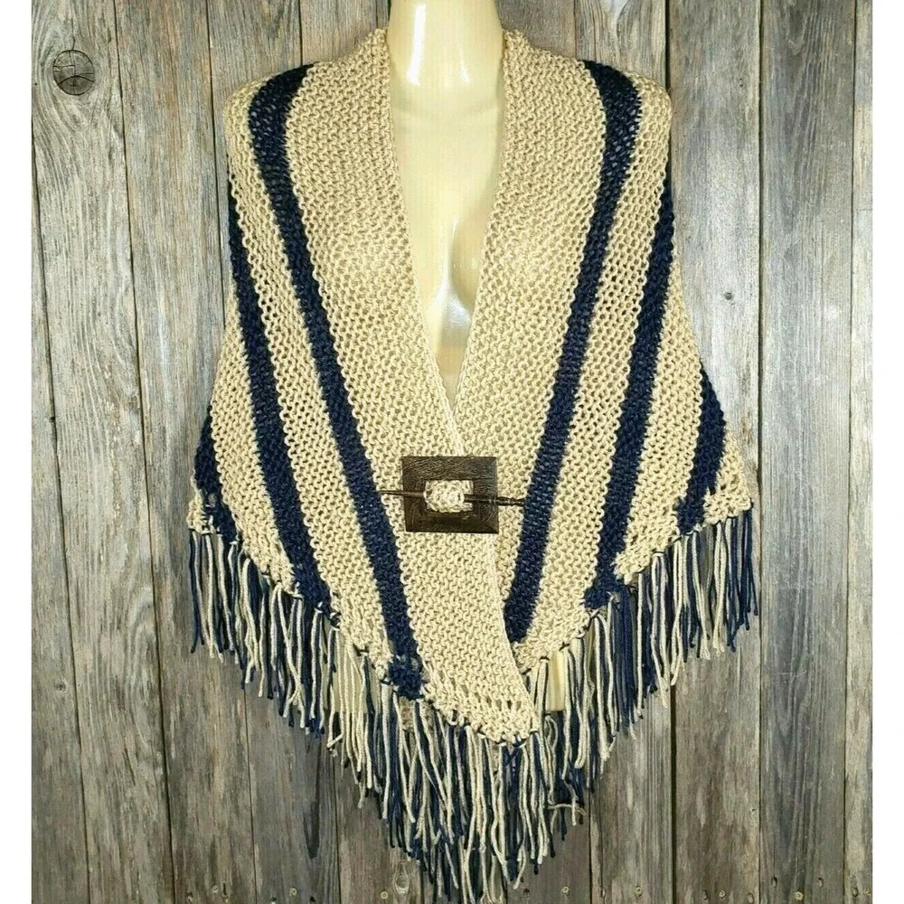 NEW Blue Beige Hand Knitted Shawl Wrap Scarf Boho Hippie‎ Coastal Indie Artsy